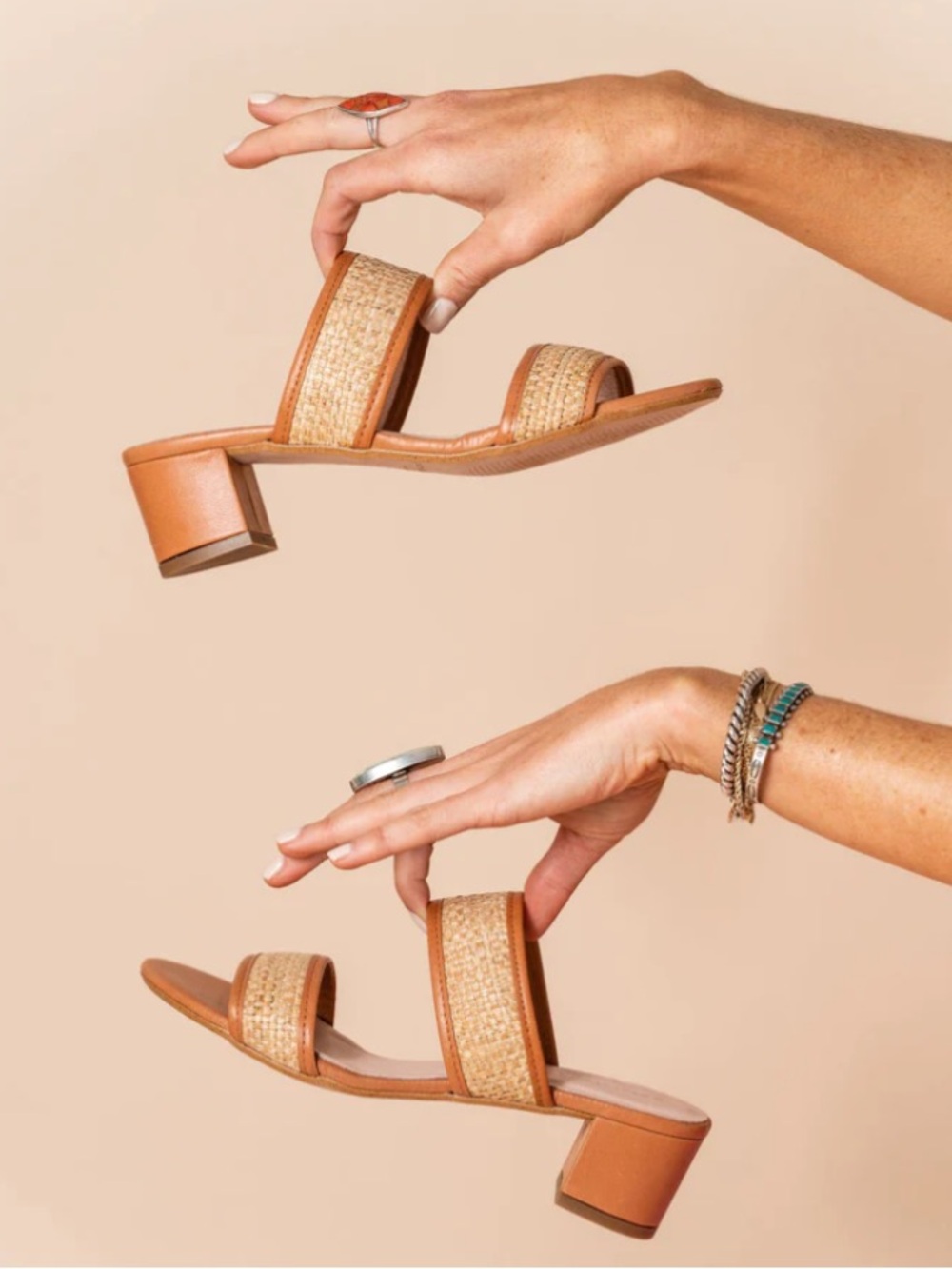 PATRICIA GREEN Rafia Leather Block Heeled Sandal Cognac Heel Beachy Minimal 8
